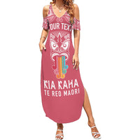 Personalised Kia Kaha Te Reo Maori Family Matching Summer Maxi Dress and Hawaiian Shirt Hei Tiki Mix Koru - Pink LT7 Mom's Dress Pink - Polynesian Pride