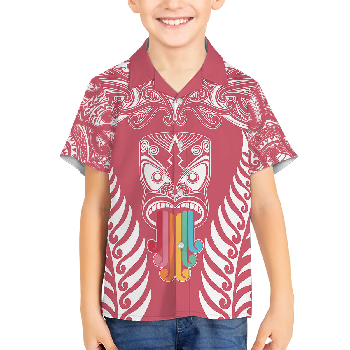 Personalised Kia Kaha Te Reo Maori Kid Hawaiian Shirt Hei Tiki Mix Koru - Pink LT7 - Polynesian Pride