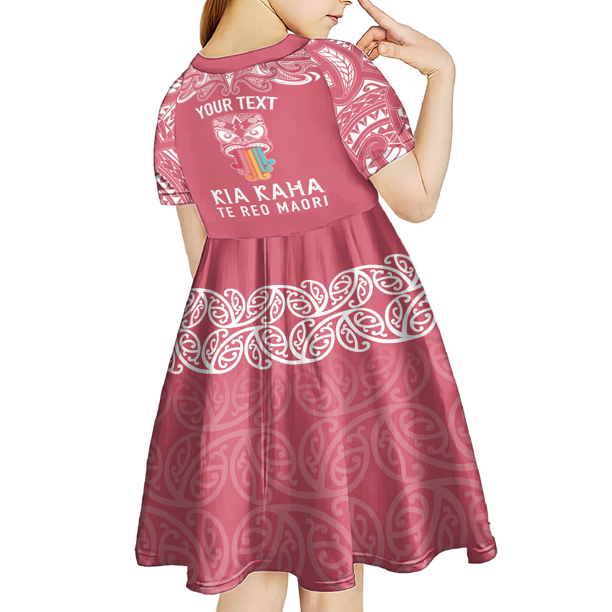 Personalised Kia Kaha Te Reo Maori Kid Short Sleeve Dress Hei Tiki Mix Koru - Pink LT7 - Polynesian Pride