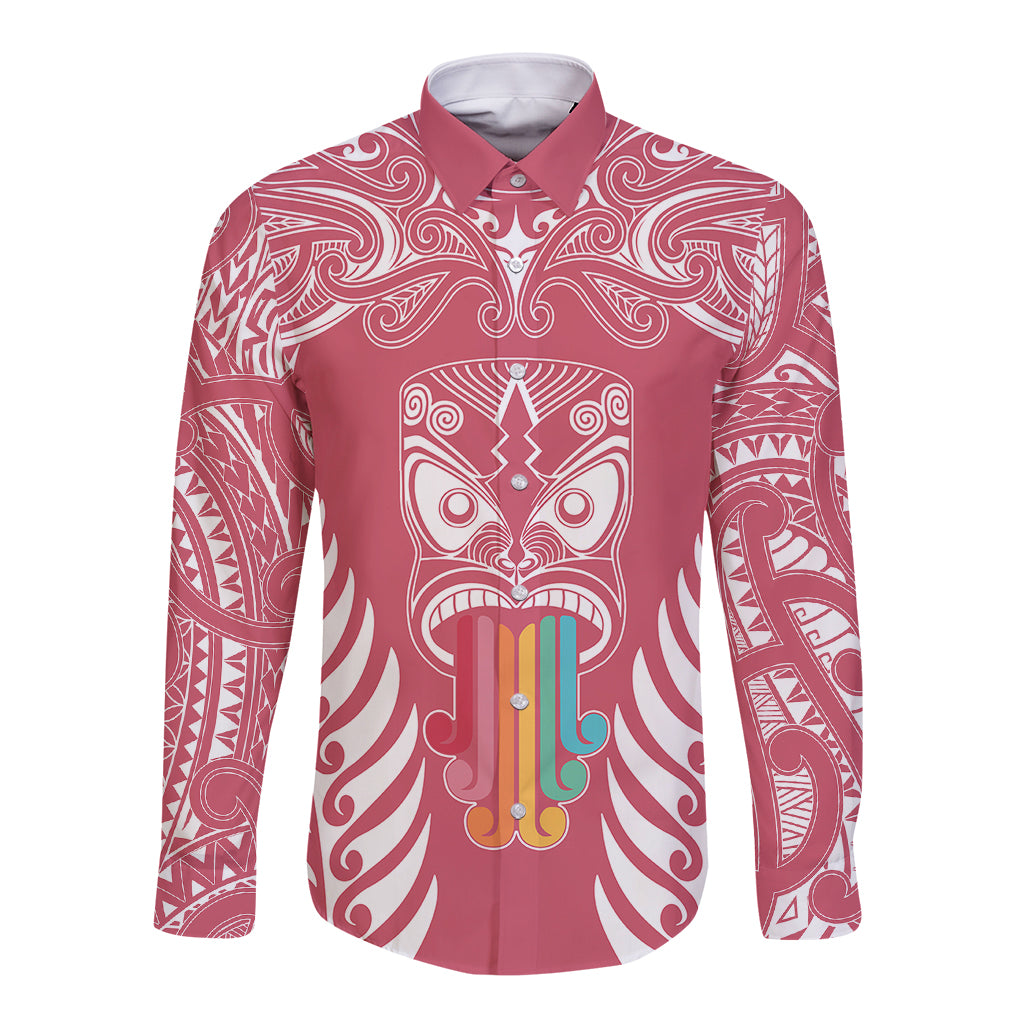 Personalised Kia Kaha Te Reo Maori Long Sleeve Button Shirt Hei Tiki Mix Koru - Pink LT7 Unisex Pink - Polynesian Pride