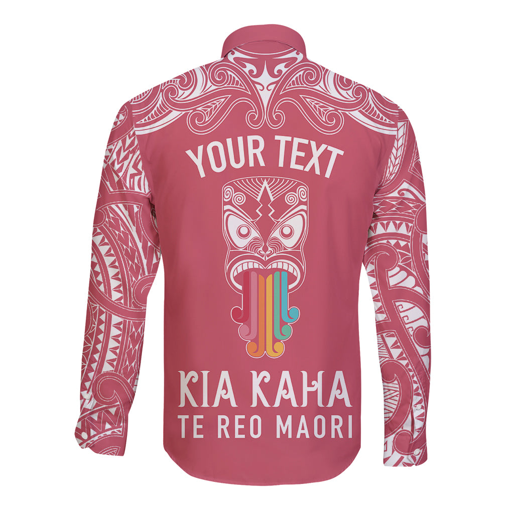 Personalised Kia Kaha Te Reo Maori Long Sleeve Button Shirt Hei Tiki Mix Koru - Pink LT7 - Polynesian Pride
