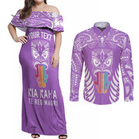 Personalised Kia Kaha Te Reo Maori Couples Matching Off Shoulder Maxi Dress and Long Sleeve Button Shirts Hei Tiki Mix Koru - Purple LT7 Purple - Polynesian Pride