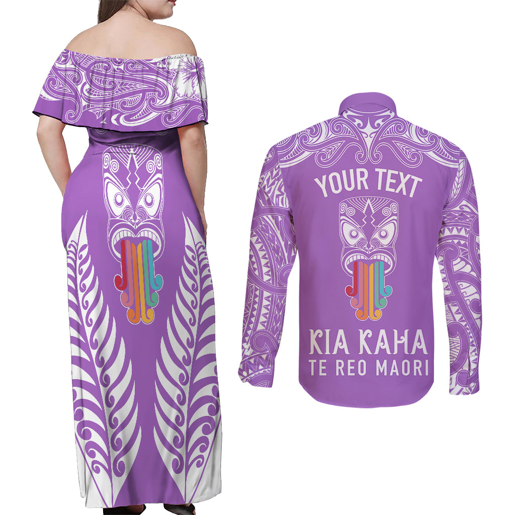 Personalised Kia Kaha Te Reo Maori Couples Matching Off Shoulder Maxi Dress and Long Sleeve Button Shirts Hei Tiki Mix Koru - Purple LT7 - Polynesian Pride