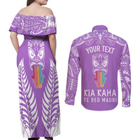 Personalised Kia Kaha Te Reo Maori Couples Matching Off Shoulder Maxi Dress and Long Sleeve Button Shirts Hei Tiki Mix Koru - Purple LT7 - Polynesian Pride