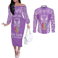 Personalised Kia Kaha Te Reo Maori Couples Matching Off The Shoulder Long Sleeve Dress and Long Sleeve Button Shirts Hei Tiki Mix Koru - Purple LT7 Purple - Polynesian Pride
