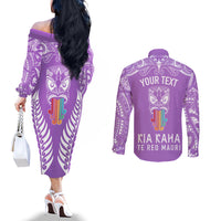 Personalised Kia Kaha Te Reo Maori Couples Matching Off The Shoulder Long Sleeve Dress and Long Sleeve Button Shirts Hei Tiki Mix Koru - Purple LT7 - Polynesian Pride