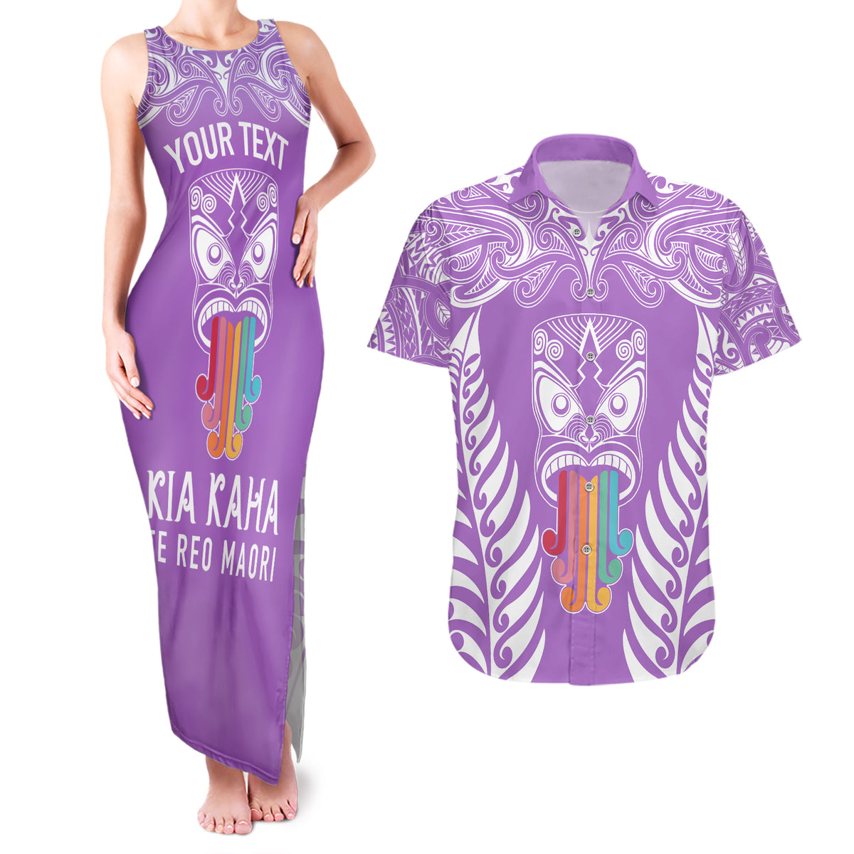 Personalised Kia Kaha Te Reo Maori Couples Matching Tank Maxi Dress and Hawaiian Shirt Hei Tiki Mix Koru - Purple LT7 Purple - Polynesian Pride