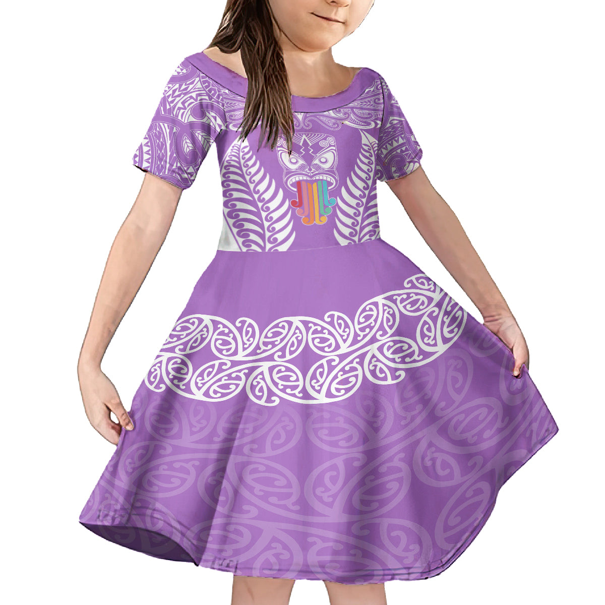 Personalised Kia Kaha Te Reo Maori Family Matching Long Sleeve Bodycon Dress and Hawaiian Shirt Hei Tiki Mix Koru - Purple LT7 Daughter's Dress Purple - Polynesian Pride
