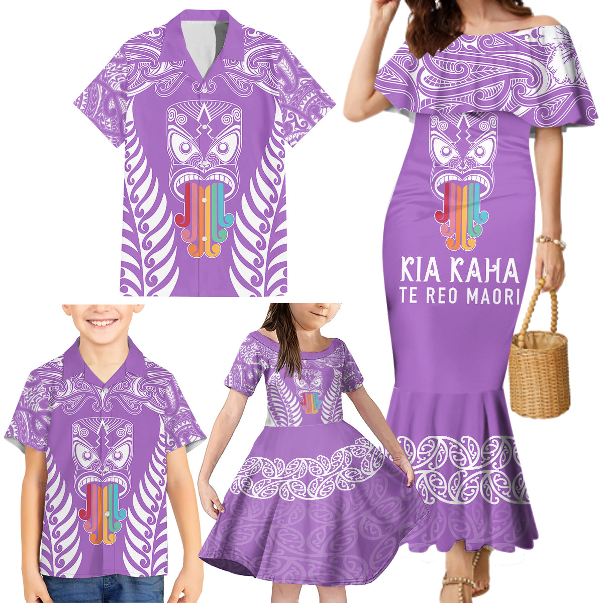 Personalised Kia Kaha Te Reo Maori Family Matching Mermaid Dress and Hawaiian Shirt Hei Tiki Mix Koru - Purple LT7 - Polynesian Pride