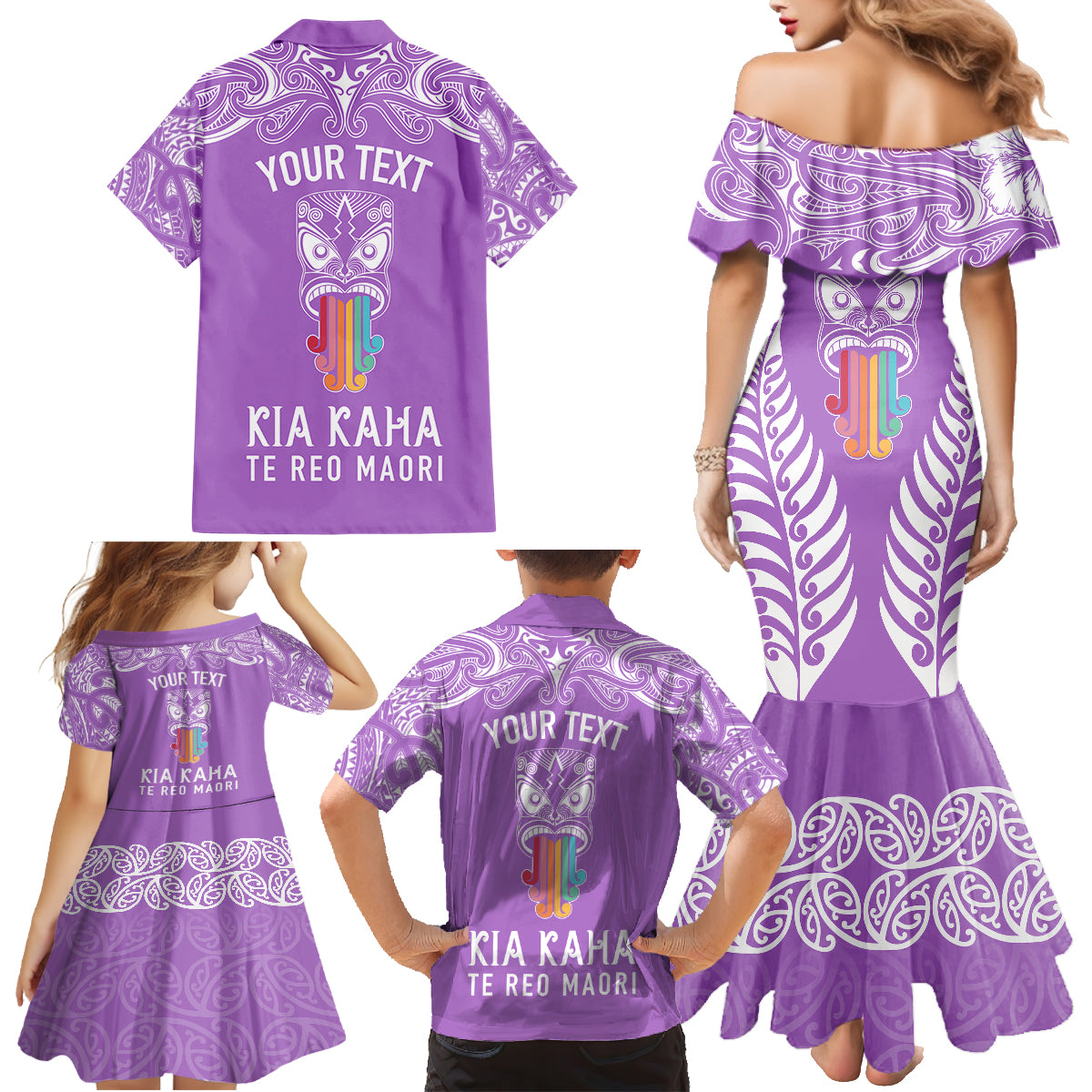 Personalised Kia Kaha Te Reo Maori Family Matching Mermaid Dress and Hawaiian Shirt Hei Tiki Mix Koru - Purple LT7 - Polynesian Pride
