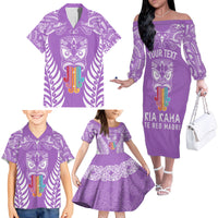 Personalised Kia Kaha Te Reo Maori Family Matching Off Shoulder Long Sleeve Dress and Hawaiian Shirt Hei Tiki Mix Koru - Purple LT7 - Polynesian Pride