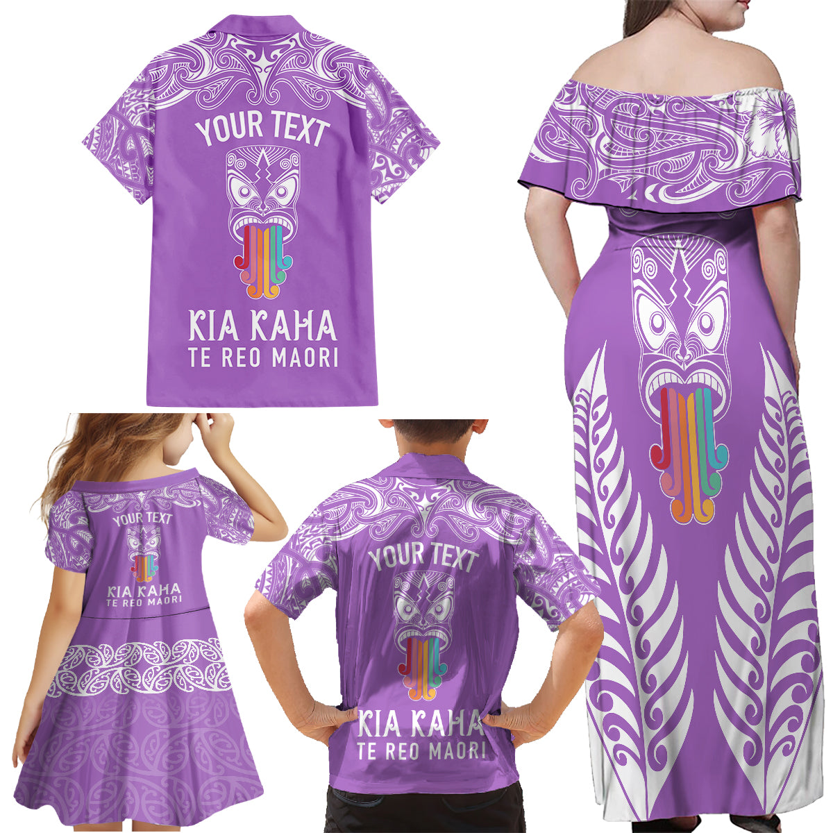 Personalised Kia Kaha Te Reo Maori Family Matching Off Shoulder Long Sleeve Dress and Hawaiian Shirt Hei Tiki Mix Koru - Purple LT7 - Polynesian Pride