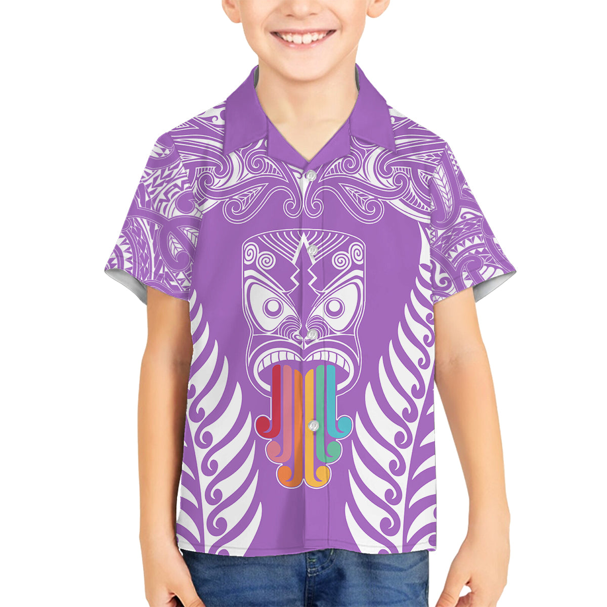 Personalised Kia Kaha Te Reo Maori Family Matching Off Shoulder Long Sleeve Dress and Hawaiian Shirt Hei Tiki Mix Koru - Purple LT7 Son's Shirt Purple - Polynesian Pride