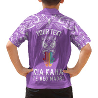 Personalised Kia Kaha Te Reo Maori Family Matching Off Shoulder Short Dress and Hawaiian Shirt Hei Tiki Mix Koru - Purple LT7 - Polynesian Pride