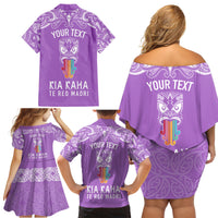 Personalised Kia Kaha Te Reo Maori Family Matching Off Shoulder Short Dress and Hawaiian Shirt Hei Tiki Mix Koru - Purple LT7 - Polynesian Pride