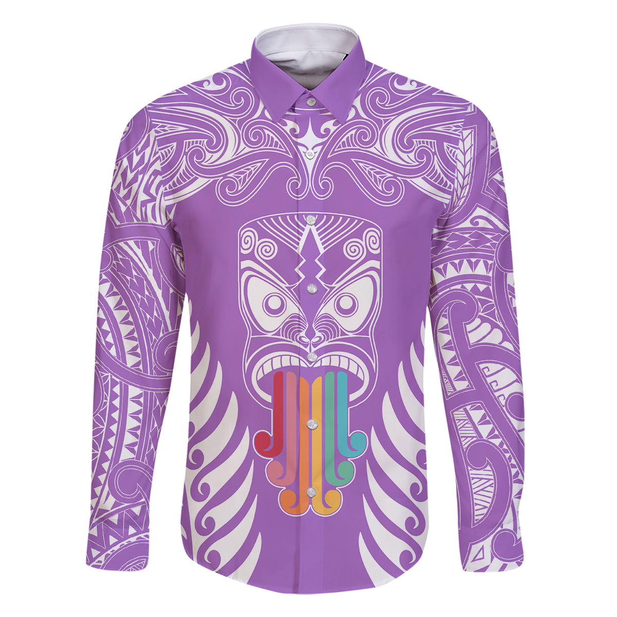 Personalised Kia Kaha Te Reo Maori Family Matching Off Shoulder Short Dress and Hawaiian Shirt Hei Tiki Mix Koru - Purple LT7 Dad's Shirt - Long Sleeve Purple - Polynesian Pride