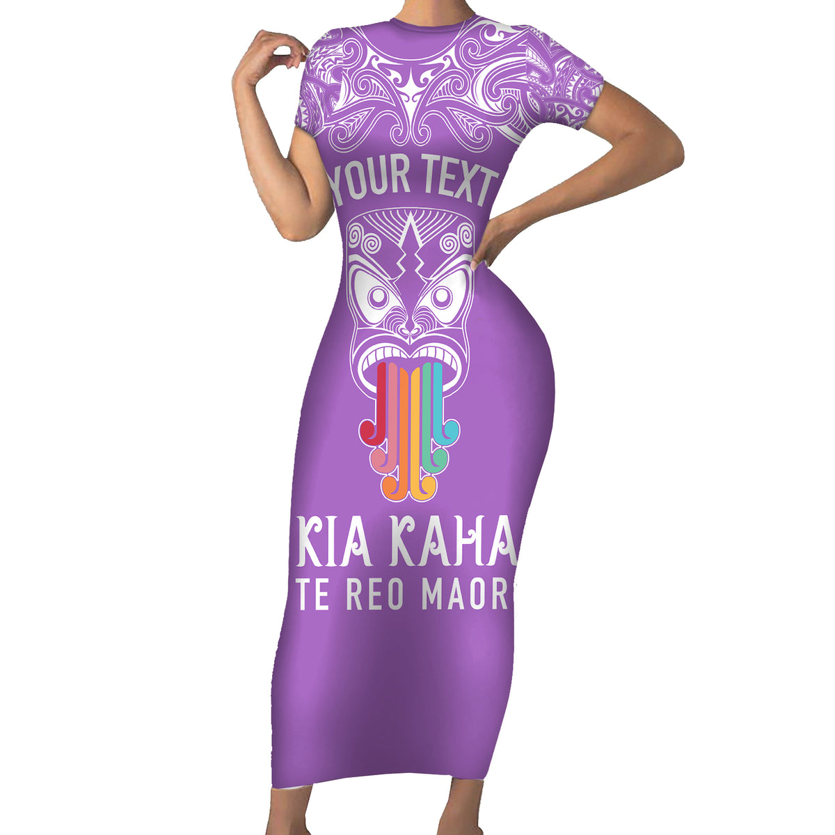 Personalised Kia Kaha Te Reo Maori Family Matching Short Sleeve Bodycon Dress and Hawaiian Shirt Hei Tiki Mix Koru - Purple LT7 Mom's Dress Purple - Polynesian Pride