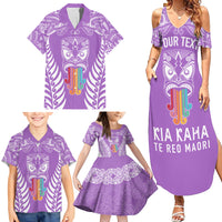 Personalised Kia Kaha Te Reo Maori Family Matching Summer Maxi Dress and Hawaiian Shirt Hei Tiki Mix Koru - Purple LT7 - Polynesian Pride