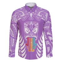 Personalised Kia Kaha Te Reo Maori Family Matching Summer Maxi Dress and Hawaiian Shirt Hei Tiki Mix Koru - Purple LT7 Dad's Shirt - Long Sleeve Purple - Polynesian Pride