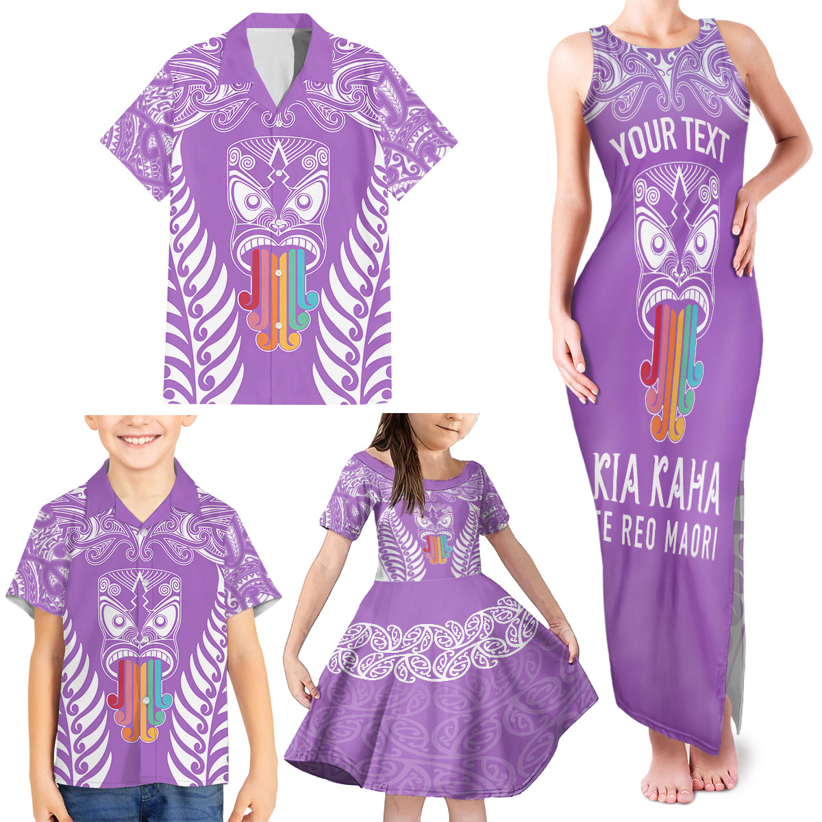 Personalised Kia Kaha Te Reo Maori Family Matching Tank Maxi Dress and Hawaiian Shirt Hei Tiki Mix Koru - Purple LT7 - Polynesian Pride
