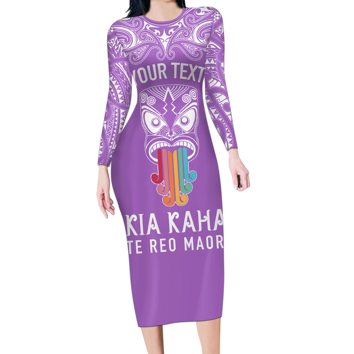 Personalised Kia Kaha Te Reo Maori Long Sleeve Bodycon Dress Hei Tiki Mix Koru - Purple LT7 Long Dress Purple - Polynesian Pride