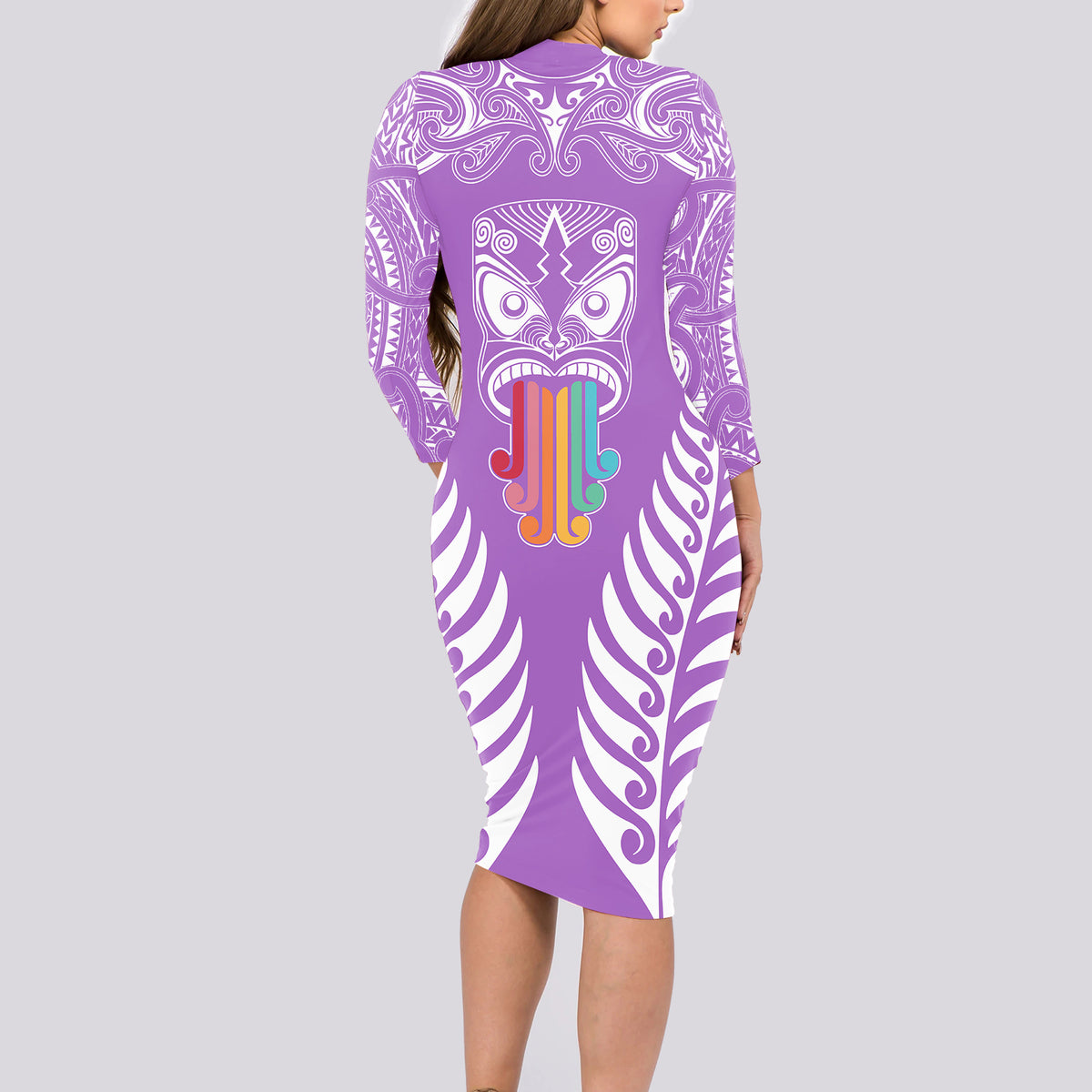 Personalised Kia Kaha Te Reo Maori Long Sleeve Bodycon Dress Hei Tiki Mix Koru - Purple LT7 - Polynesian Pride