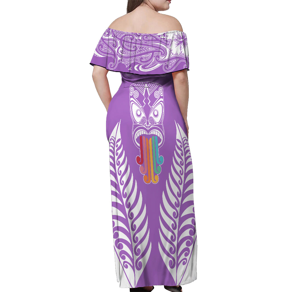 Personalised Kia Kaha Te Reo Maori Off Shoulder Maxi Dress Hei Tiki Mix Koru - Purple LT7 - Polynesian Pride
