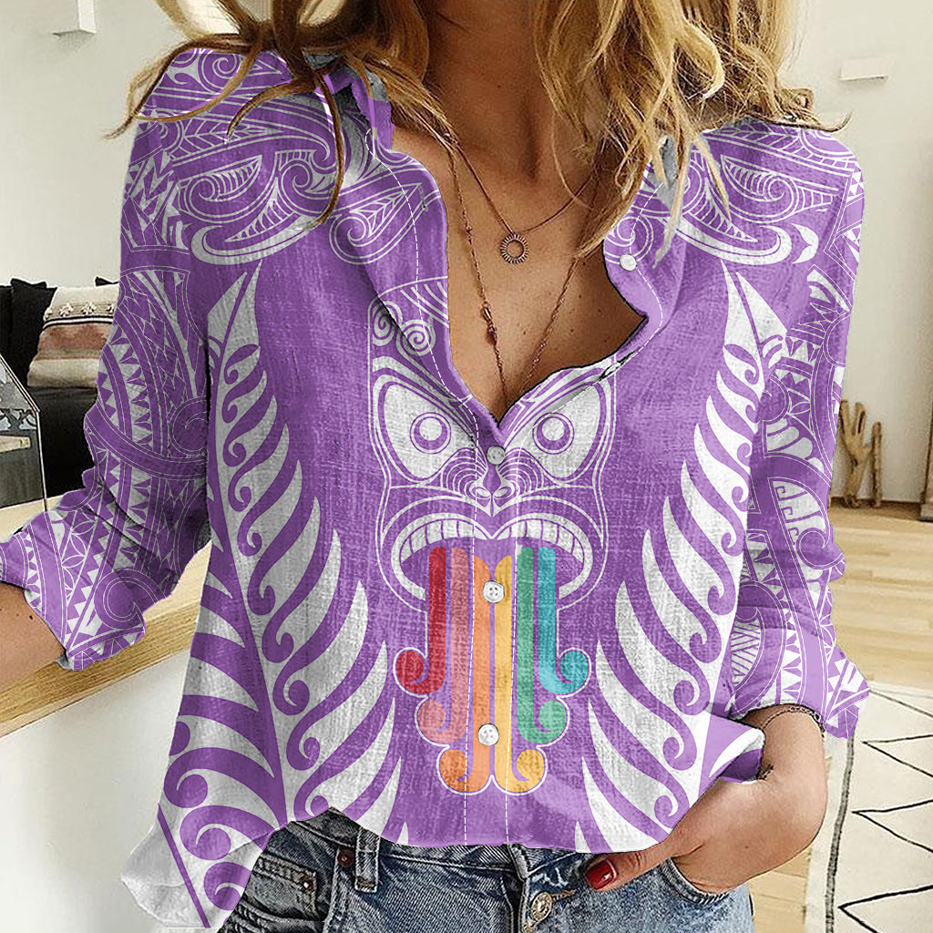 personalised-kia-kaha-te-reo-maori-women-casual-shirt-hei-tiki-mix-koru-purple