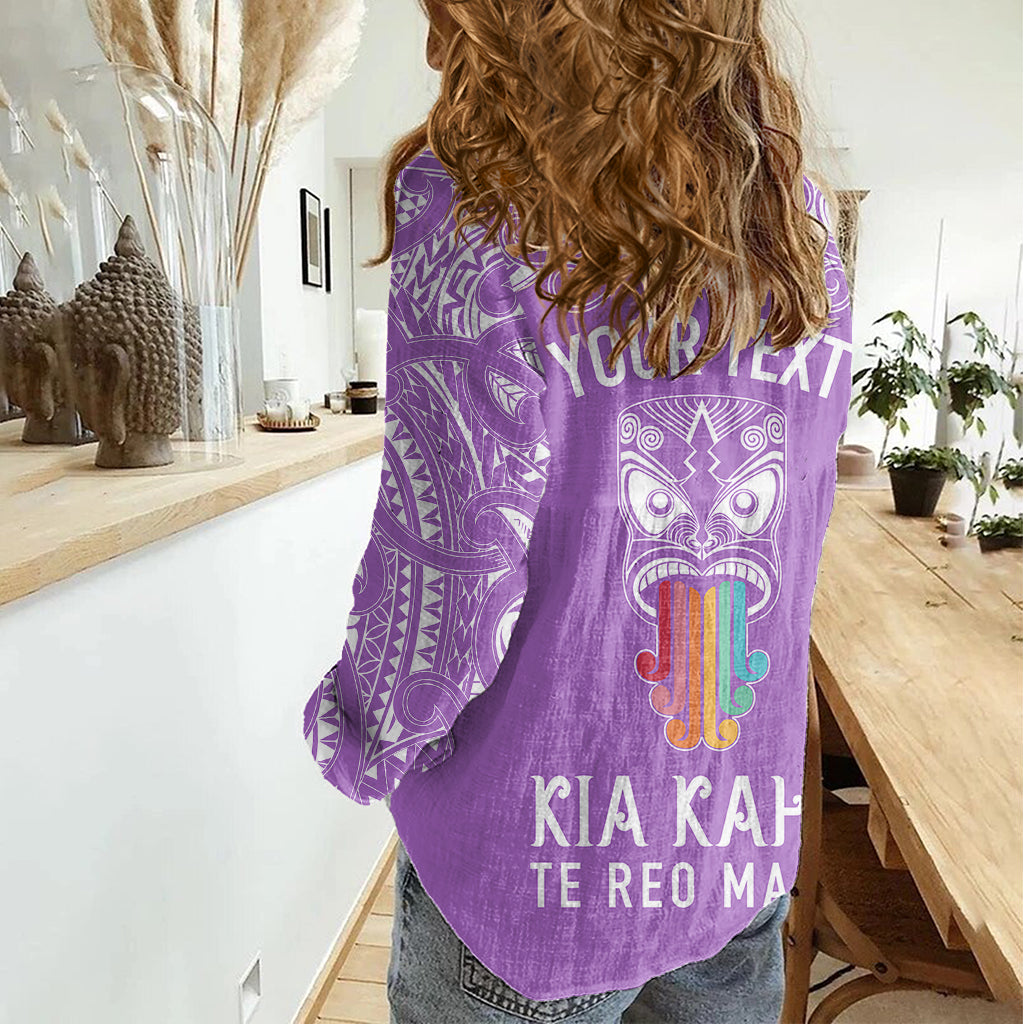 personalised-kia-kaha-te-reo-maori-women-casual-shirt-hei-tiki-mix-koru-purple
