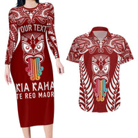 Personalised Kia Kaha Te Reo Maori Couples Matching Long Sleeve Bodycon Dress and Hawaiian Shirt Hei Tiki Mix Koru - Red LT7 Red - Polynesian Pride