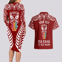 Personalised Kia Kaha Te Reo Maori Couples Matching Long Sleeve Bodycon Dress and Hawaiian Shirt Hei Tiki Mix Koru - Red LT7 - Polynesian Pride