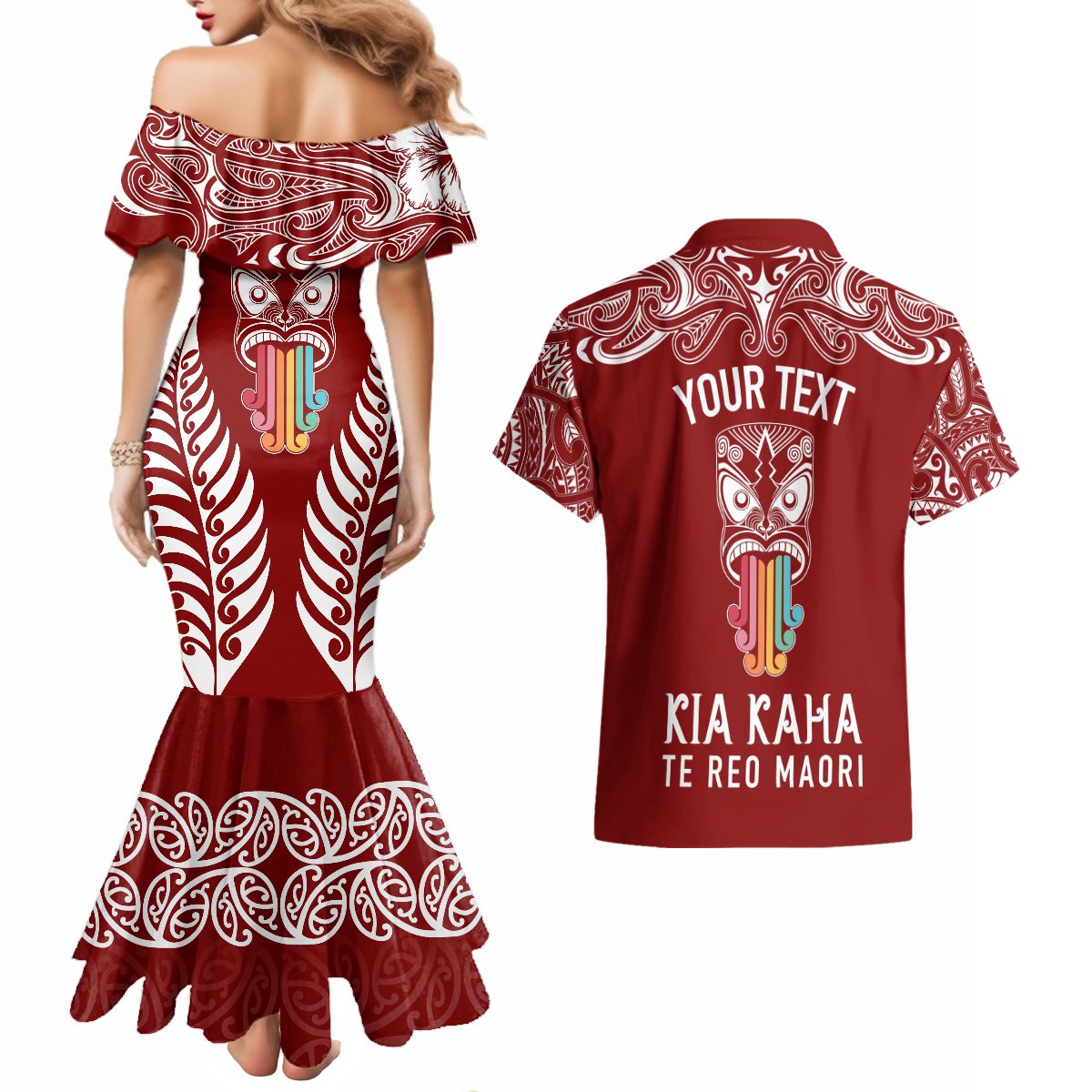 Personalised Kia Kaha Te Reo Maori Couples Matching Mermaid Dress and Hawaiian Shirt Hei Tiki Mix Koru - Red LT7 - Polynesian Pride