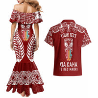 Personalised Kia Kaha Te Reo Maori Couples Matching Mermaid Dress and Hawaiian Shirt Hei Tiki Mix Koru - Red LT7 - Polynesian Pride