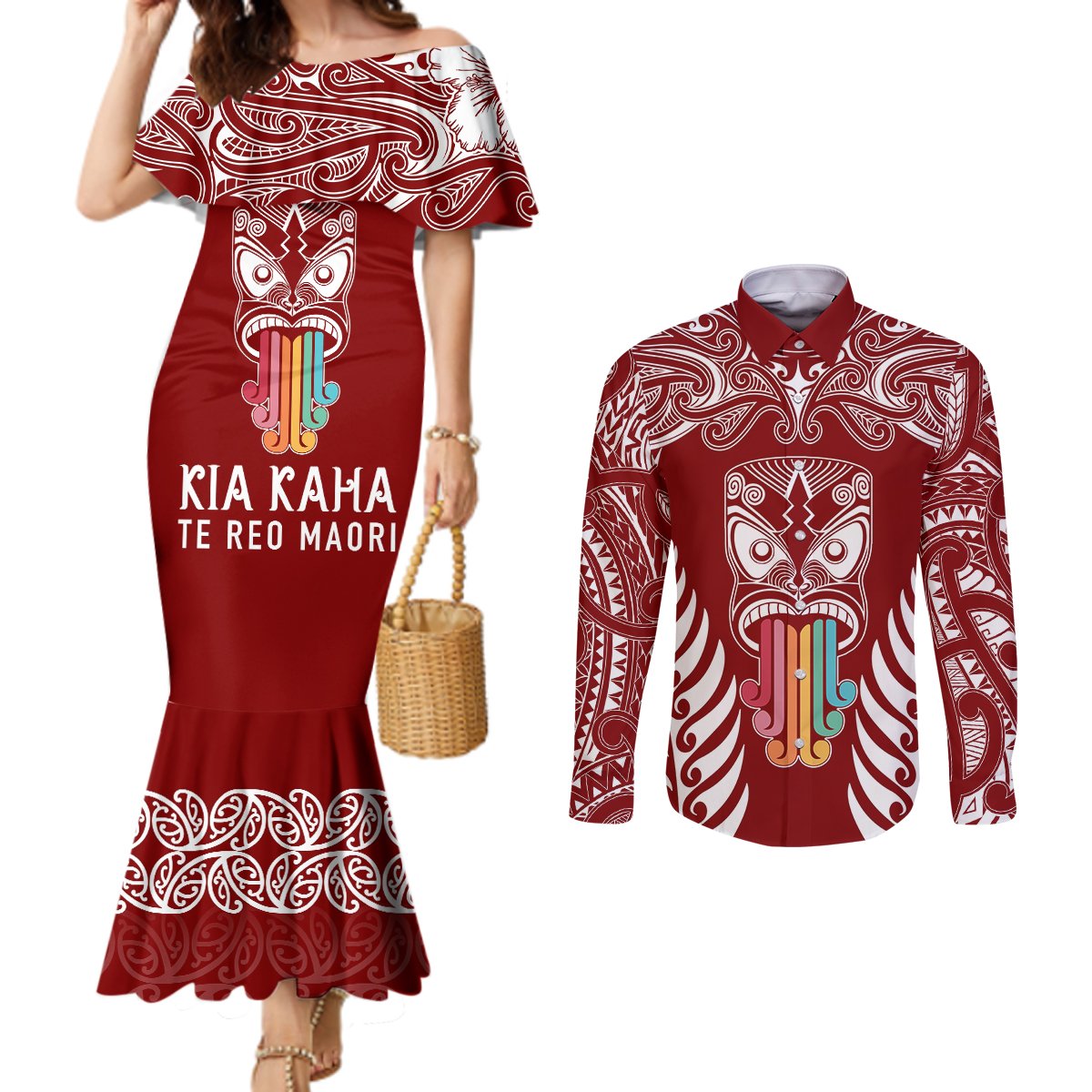 personalised-kia-kaha-te-reo-maori-couples-matching-mermaid-dress-and-long-sleeve-button-shirts-hei-tiki-mix-koru-red