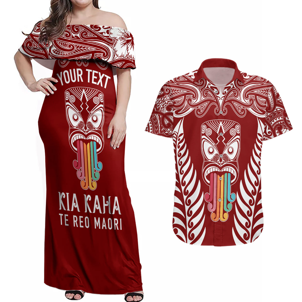 Personalised Kia Kaha Te Reo Maori Couples Matching Off Shoulder Maxi Dress and Hawaiian Shirt Hei Tiki Mix Koru - Red LT7 Red - Polynesian Pride