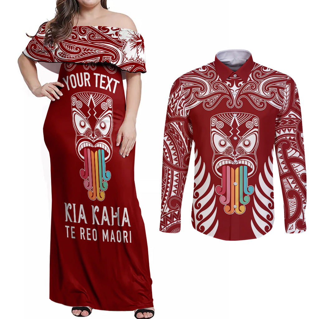 personalised-kia-kaha-te-reo-maori-couples-matching-off-shoulder-maxi-dress-and-long-sleeve-button-shirts-hei-tiki-mix-koru-red
