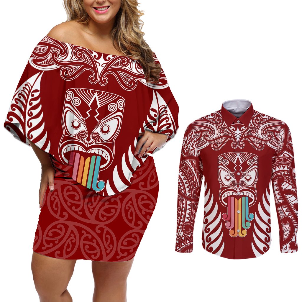 Personalised Kia Kaha Te Reo Maori Couples Matching Off Shoulder Short Dress and Long Sleeve Button Shirts Hei Tiki Mix Koru - Red LT7 Red - Polynesian Pride