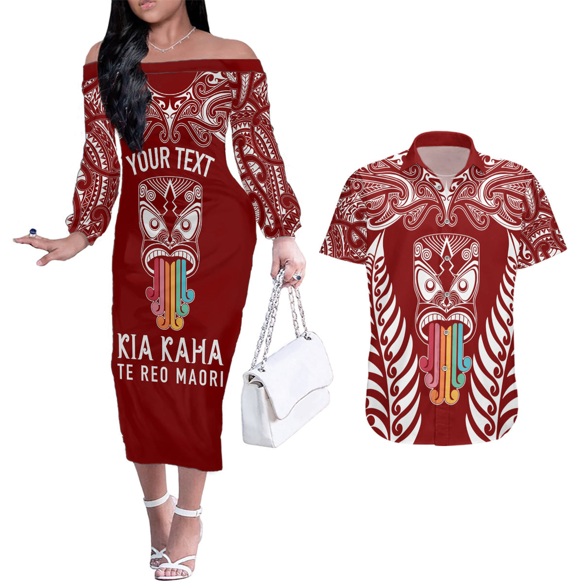 Personalised Kia Kaha Te Reo Maori Couples Matching Off The Shoulder Long Sleeve Dress and Hawaiian Shirt Hei Tiki Mix Koru - Red LT7 Red - Polynesian Pride
