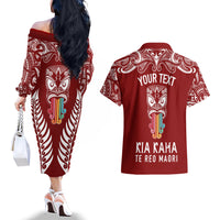 Personalised Kia Kaha Te Reo Maori Couples Matching Off The Shoulder Long Sleeve Dress and Hawaiian Shirt Hei Tiki Mix Koru - Red LT7 - Polynesian Pride
