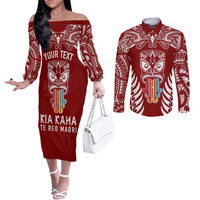 Personalised Kia Kaha Te Reo Maori Couples Matching Off The Shoulder Long Sleeve Dress and Long Sleeve Button Shirts Hei Tiki Mix Koru - Red LT7 Red - Polynesian Pride