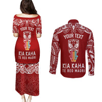 Personalised Kia Kaha Te Reo Maori Couples Matching Puletasi Dress and Long Sleeve Button Shirts Hei Tiki Mix Koru - Red LT7 - Polynesian Pride
