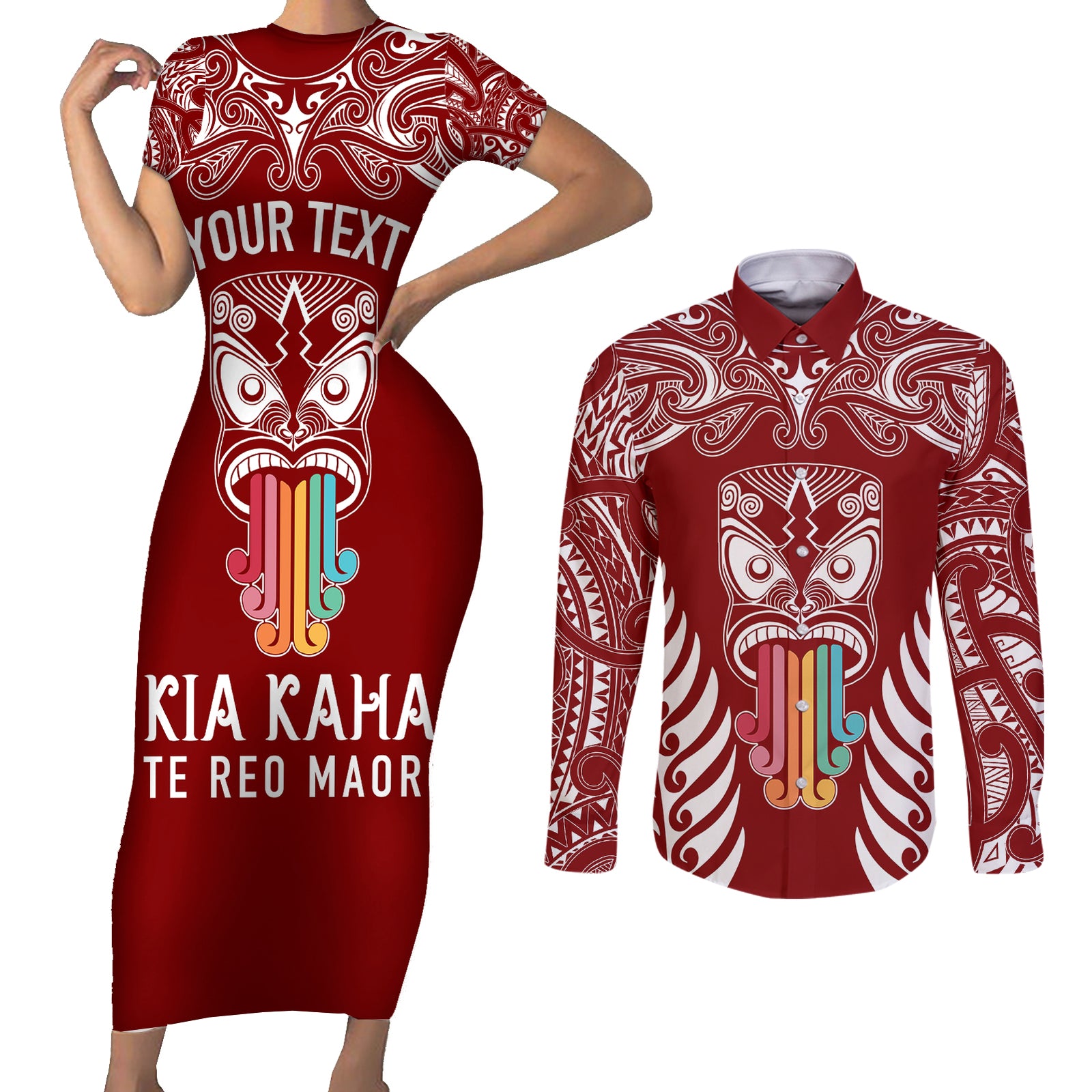 personalised-kia-kaha-te-reo-maori-couples-matching-short-sleeve-bodycon-dress-and-long-sleeve-button-shirts-hei-tiki-mix-koru-red