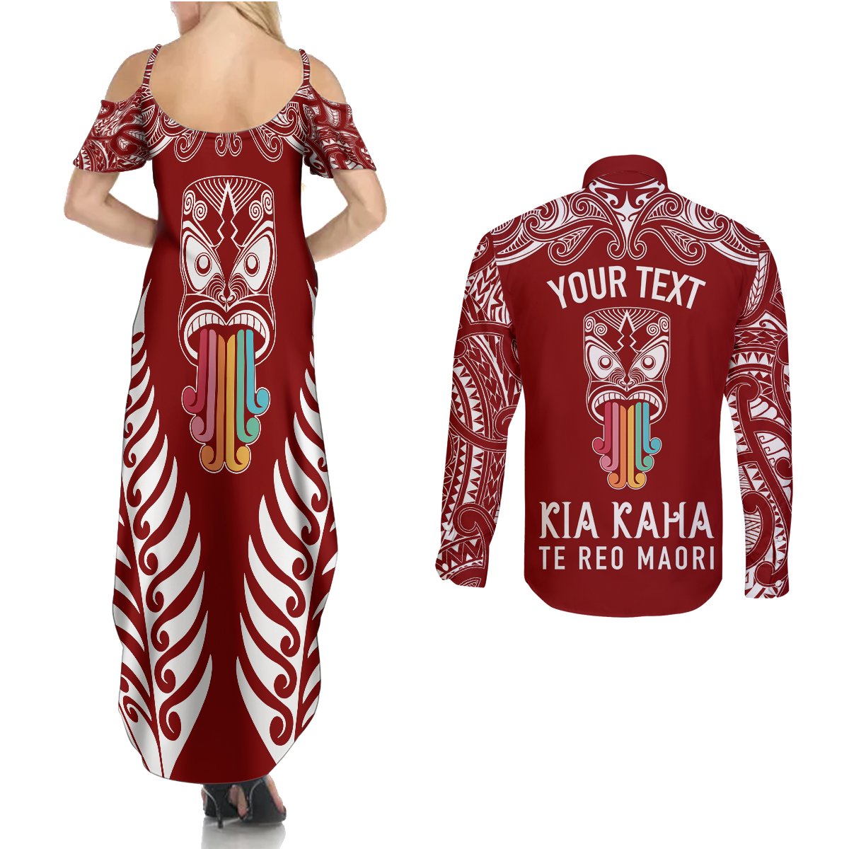 Personalised Kia Kaha Te Reo Maori Couples Matching Summer Maxi Dress and Long Sleeve Button Shirts Hei Tiki Mix Koru - Red LT7 - Polynesian Pride