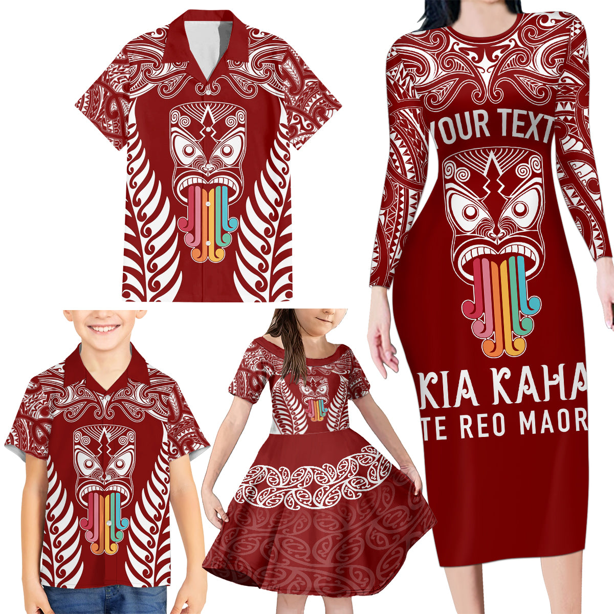 Personalised Kia Kaha Te Reo Maori Family Matching Long Sleeve Bodycon Dress and Hawaiian Shirt Hei Tiki Mix Koru - Red LT7 - Polynesian Pride