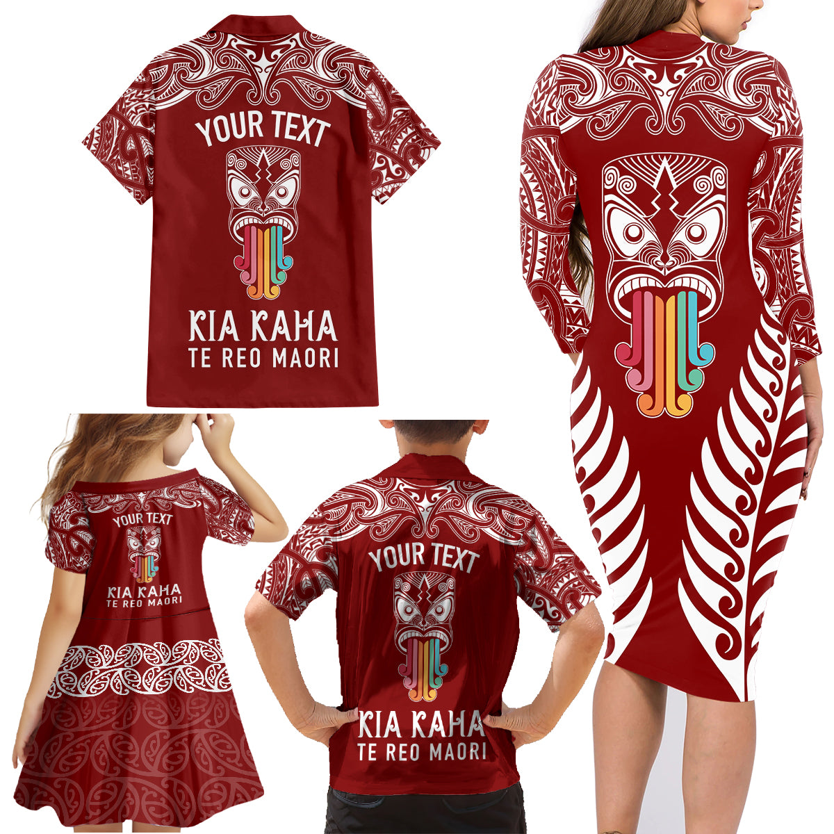 Personalised Kia Kaha Te Reo Maori Family Matching Long Sleeve Bodycon Dress and Hawaiian Shirt Hei Tiki Mix Koru - Red LT7 - Polynesian Pride