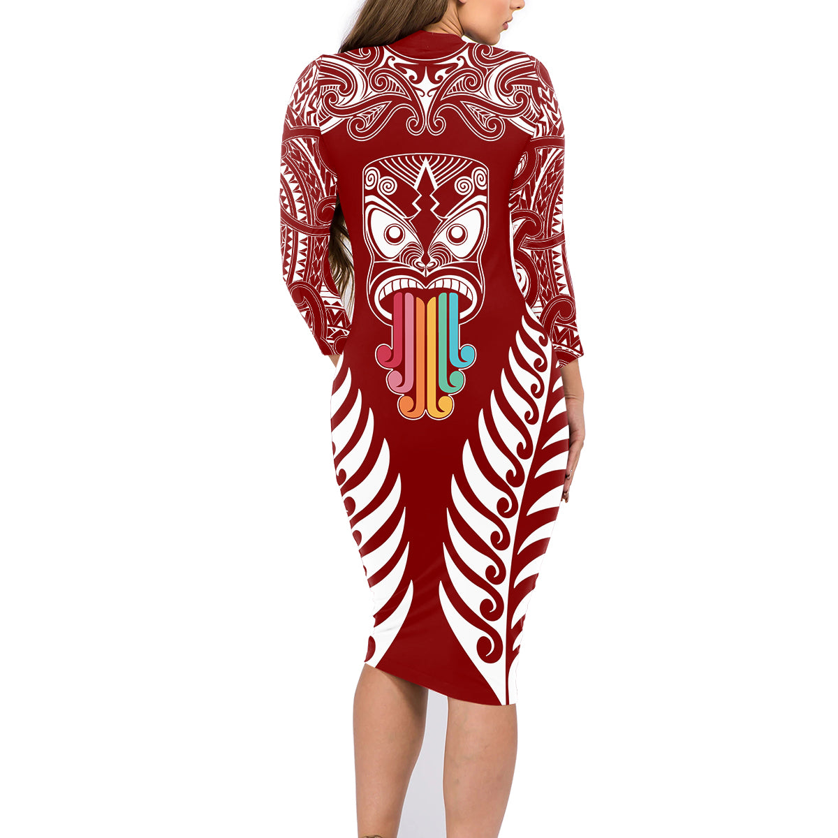 Personalised Kia Kaha Te Reo Maori Family Matching Long Sleeve Bodycon Dress and Hawaiian Shirt Hei Tiki Mix Koru - Red LT7 - Polynesian Pride