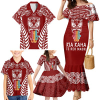 Personalised Kia Kaha Te Reo Maori Family Matching Mermaid Dress and Hawaiian Shirt Hei Tiki Mix Koru - Red LT7 - Polynesian Pride