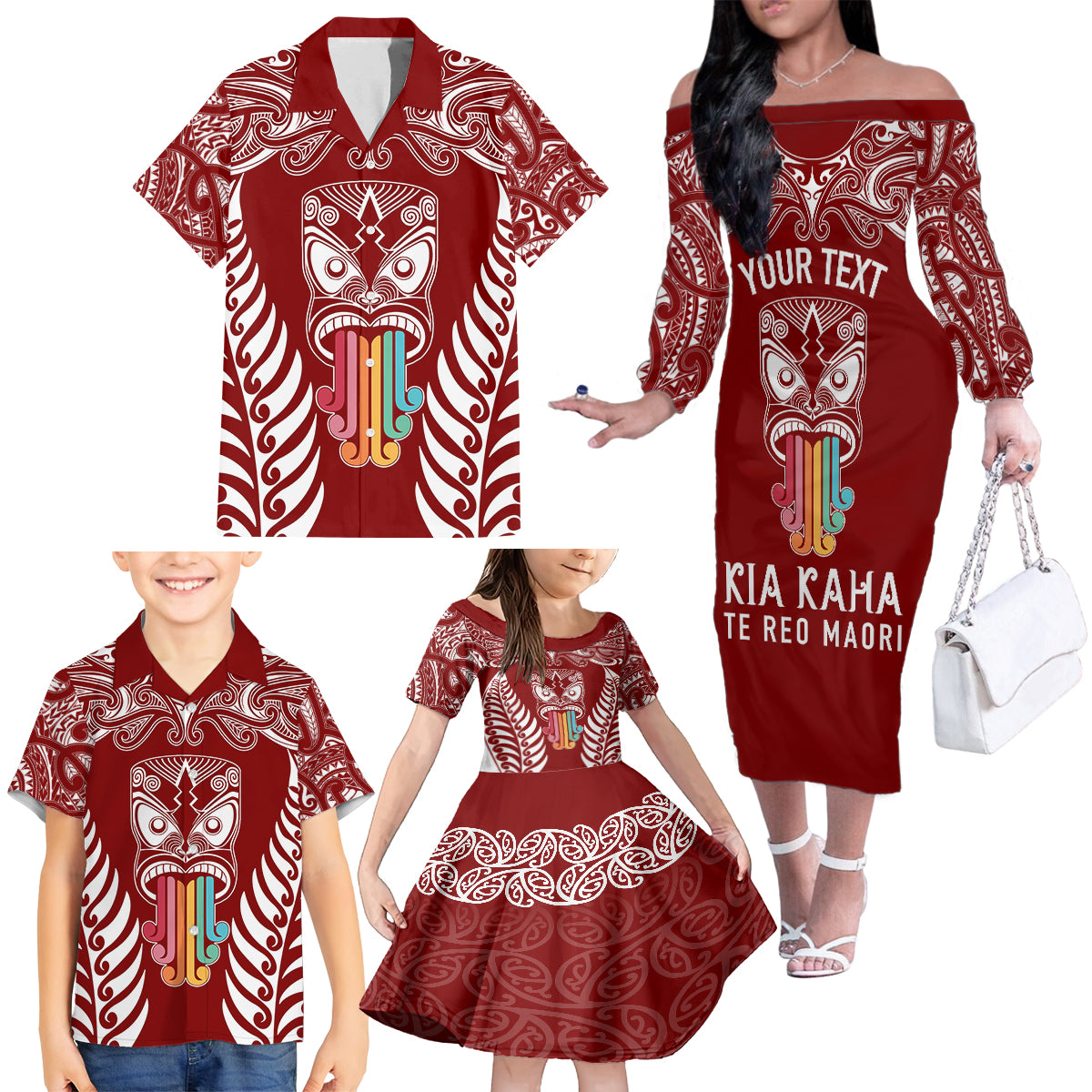 Personalised Kia Kaha Te Reo Maori Family Matching Off Shoulder Long Sleeve Dress and Hawaiian Shirt Hei Tiki Mix Koru - Red LT7 - Polynesian Pride