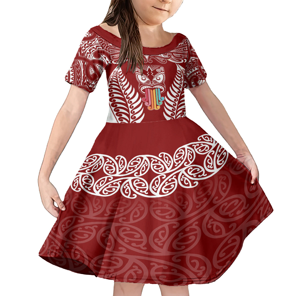 Personalised Kia Kaha Te Reo Maori Family Matching Off Shoulder Maxi Dress and Hawaiian Shirt Hei Tiki Mix Koru - Red LT7 Daughter's Dress Red - Polynesian Pride