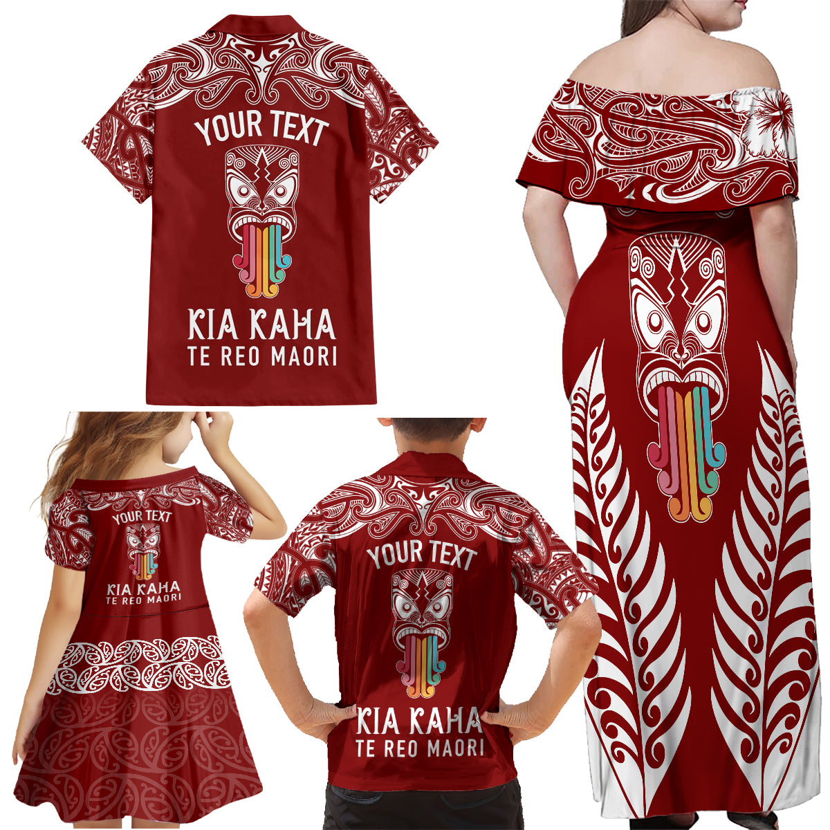 Personalised Kia Kaha Te Reo Maori Family Matching Off Shoulder Maxi Dress and Hawaiian Shirt Hei Tiki Mix Koru - Red LT7 - Polynesian Pride